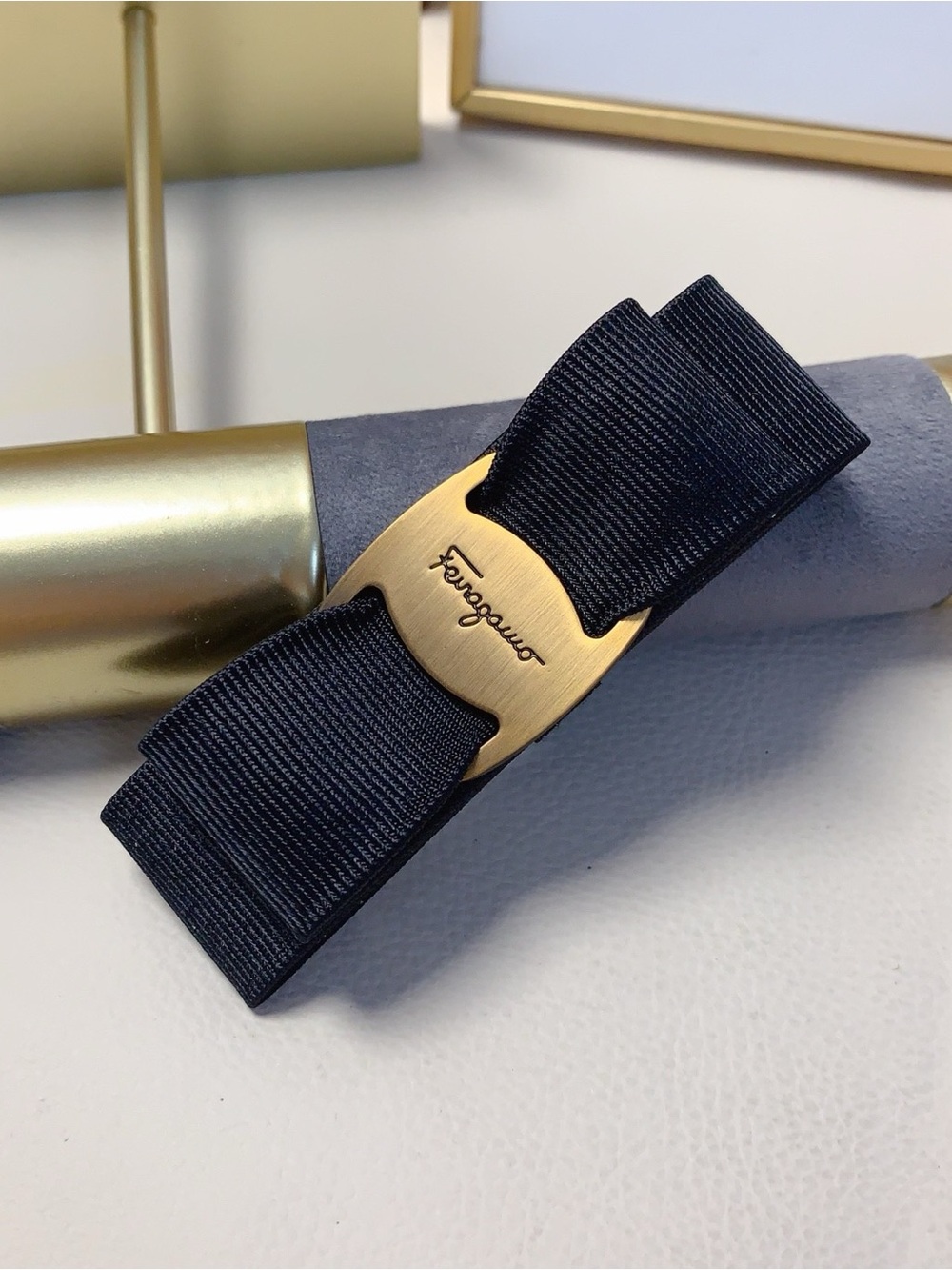 Salvatore Ferragamo Black Grosgrain Bow Clip with Gold Logo Plaque